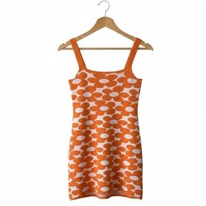RedBerry Women Small Orange White Floral Knit Mini Dress Square Neck Tank Retro